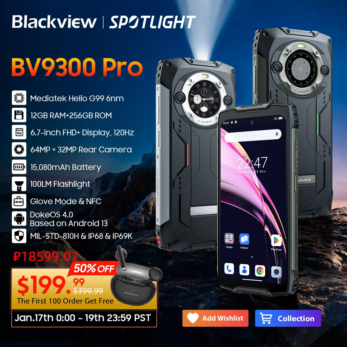 Blackview-BV9300 PRO Smartphone Robusto, Helio G99, Android 13 Celular, Dual Display Celulares, 8GB, 12GB de RAM, Estreia Mundial