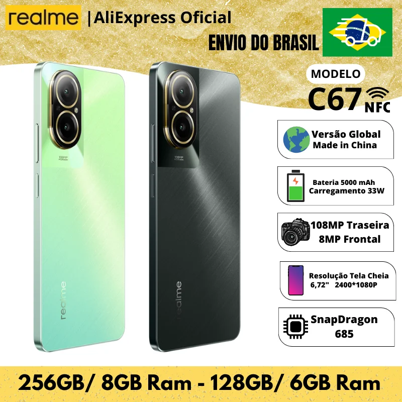 Celular Realme C67 128GB-256GB ROM / 6GB-8GB RAM |Envio do Brasil | Smartphone 4G , Processador Snapdragon 685, Carregador 33W