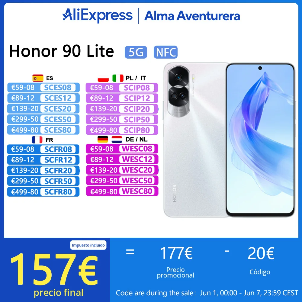 Honra-telefone inteligente 90 lite, 5g, nfc, mediatek, tamanho 6020, 100mp, 4500 mAh, câmera de 8GB + 256GB, versão global