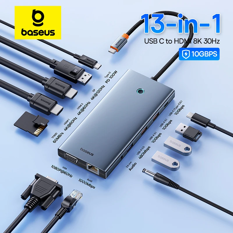 Adaptador de HUB compatível com Baseus-USB Tipo C para HDMI, 13-em-1, DP, 4K, 60Hz, 120Hz, RJ45, Conversor VGA, PD, 100W, USB 3.0 2.0 para Macbook, PC