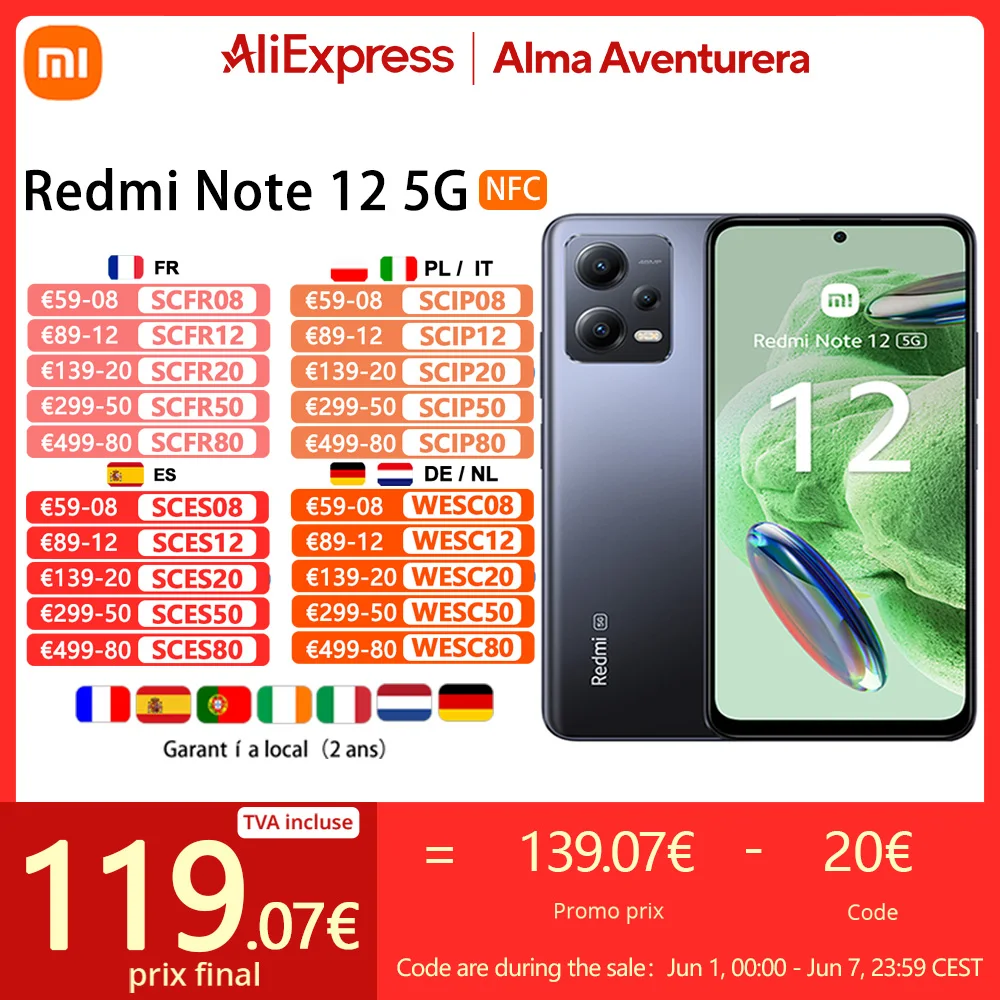 Xiaomi - Redmi Note 12 Smartphone 5G, NFC,6GO, 128go, FHD +, 120Hz®Carga rápida Edição Global 4, 33W, 5000 mAh