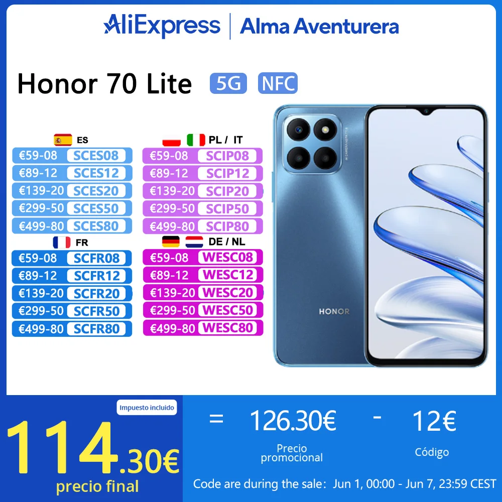 Honor 70 Lite Smartphones, NFC, Qualcomm Snapdragon, 480 Plus, Câmera Tripla de 50 MP, 5000 mAh, 5G, Versão Global