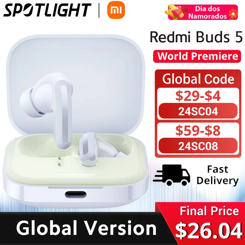 Xiaomi-Redmi Buds 5, Cancelamento de Ruído Ativo, Conexão de Dispositivo Duplo, Versão Global, Até 40 Horas, 46dB, Estreia Mundial