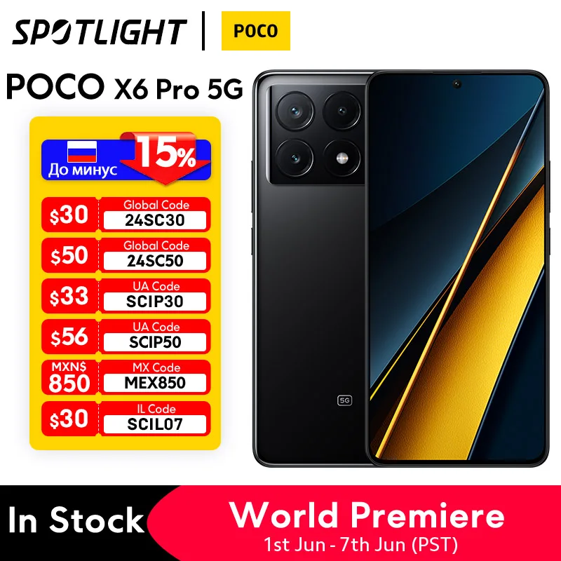 Câmera Tripla NFC Poco X6 Pro, Versão Global, Dimensão 8300-Ultra, Carregamento 67W, Câmera 64MP, 120Hz, 5000mAh, 256GB, 512GB, Estreia Mundial, 5G