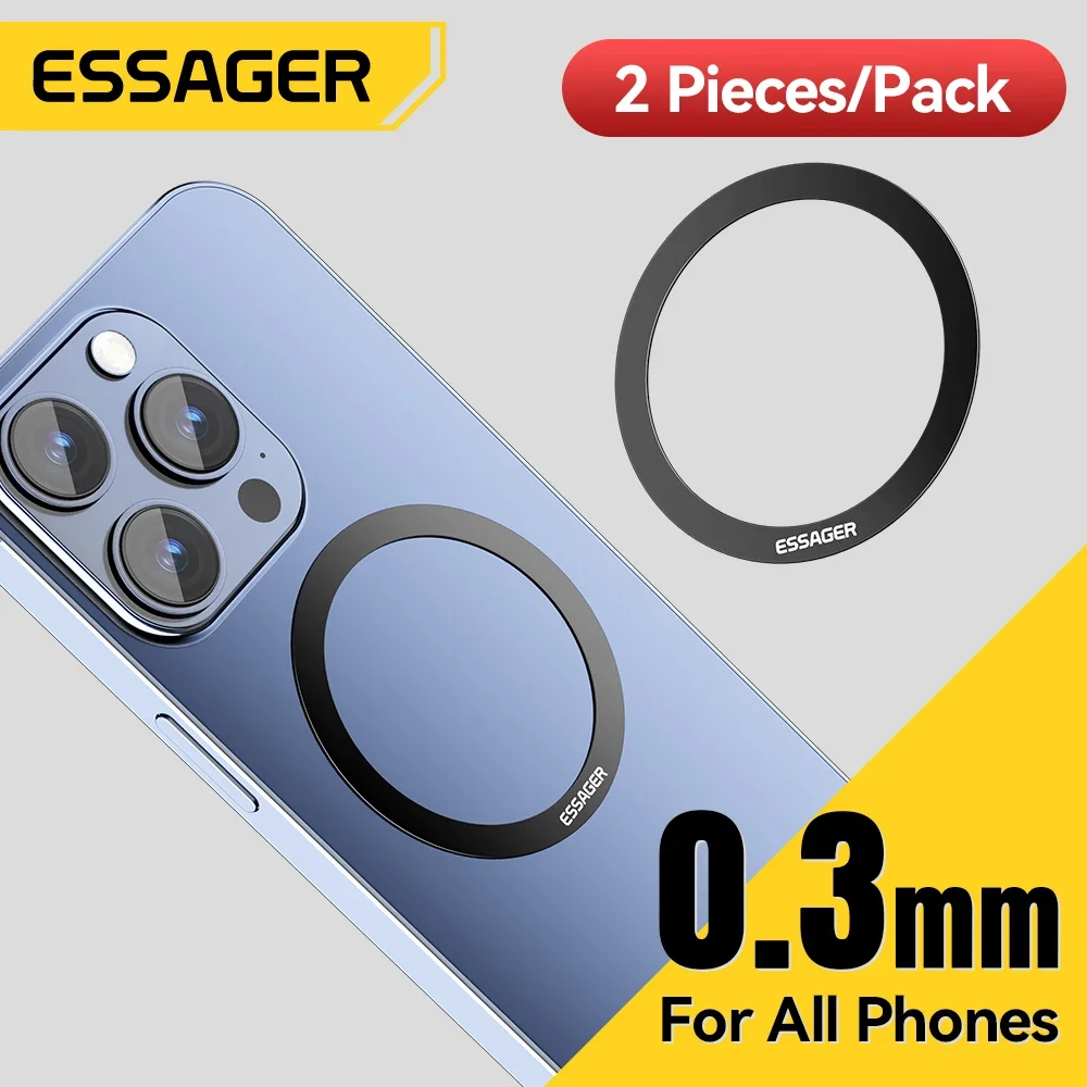 Essager-Anel de metal magnético para Samsung, placa de carregamento sem fio, adesivo universal, ímã MagSafe, iPhone 15, 14 Pro, 0,3mm, 2 peças