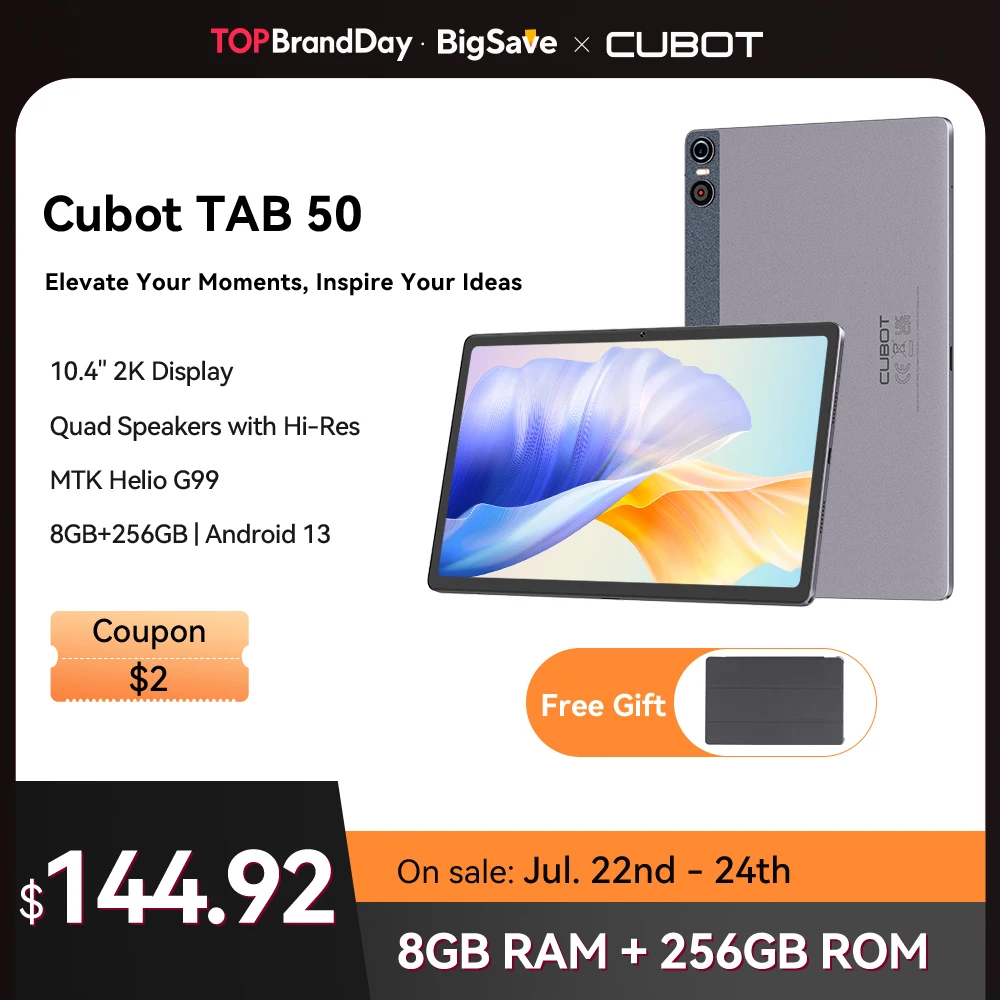 Cubot TAB 50, tablet android 13, Helio G99, Octa-core, 16 GB de RAM (8 GB + 8 GB estendidos), 256 GB de ROM, tela 2K de 10,4 polegadas, bateria de 7500 mAh, 4G tabelet, WIFI, GPS, OTG, Bluetooth, tablete, tablet pc