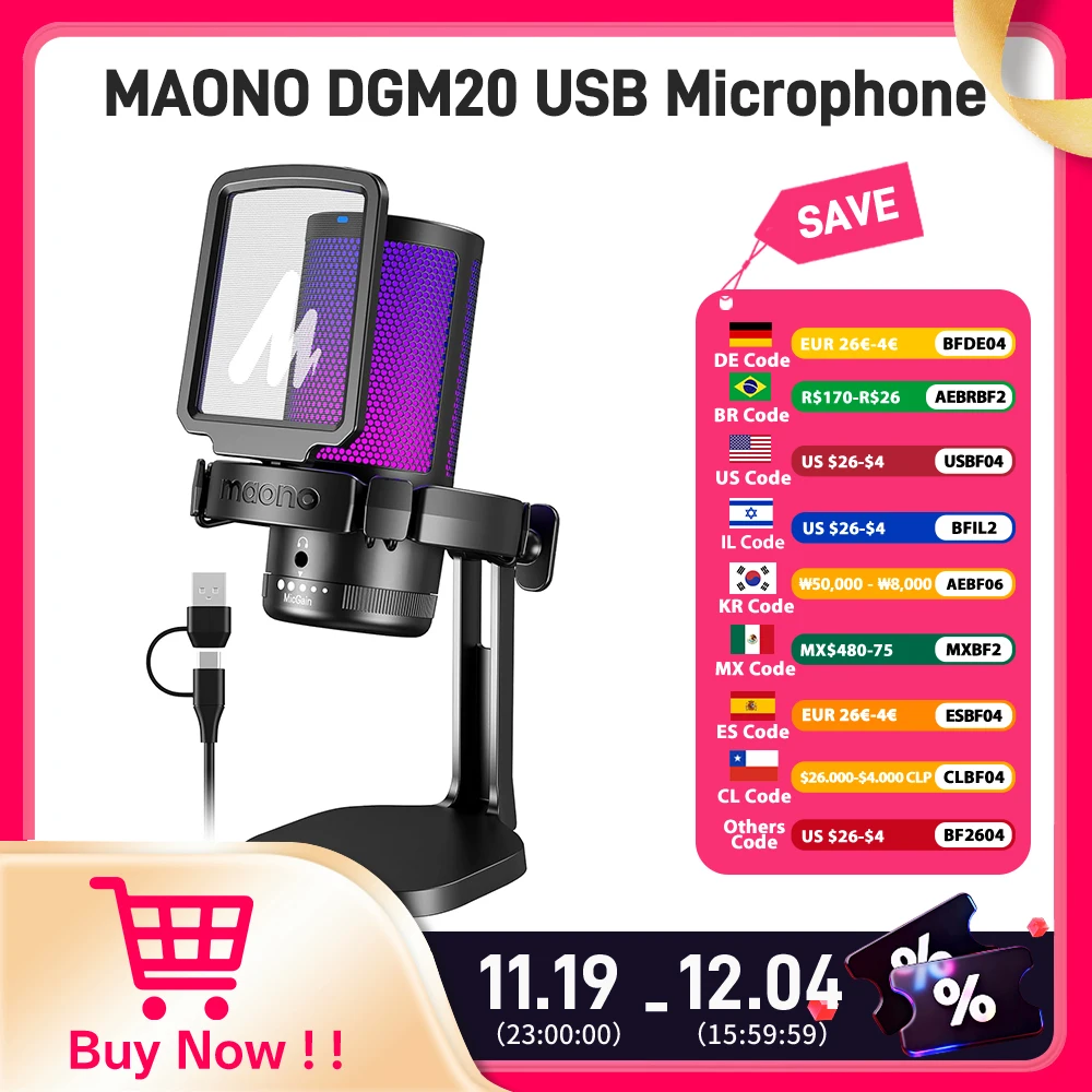 Maono dgm20 microfone para jogos, microfone usb condensador microfone para jogos rgb com software de redução de ruído, ganho de microfone, mudo com uma tecla