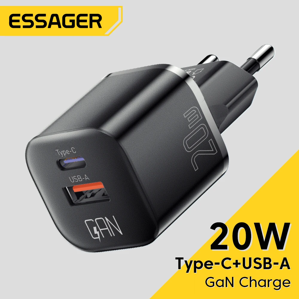 Carregador USB tipo C Essager GaN, carregadores rápidos do telefone para o iPhone 14, 13, 12, 11 Pro Max, Mini, iPad, PD, carga rápida, QC 3.0, 20W