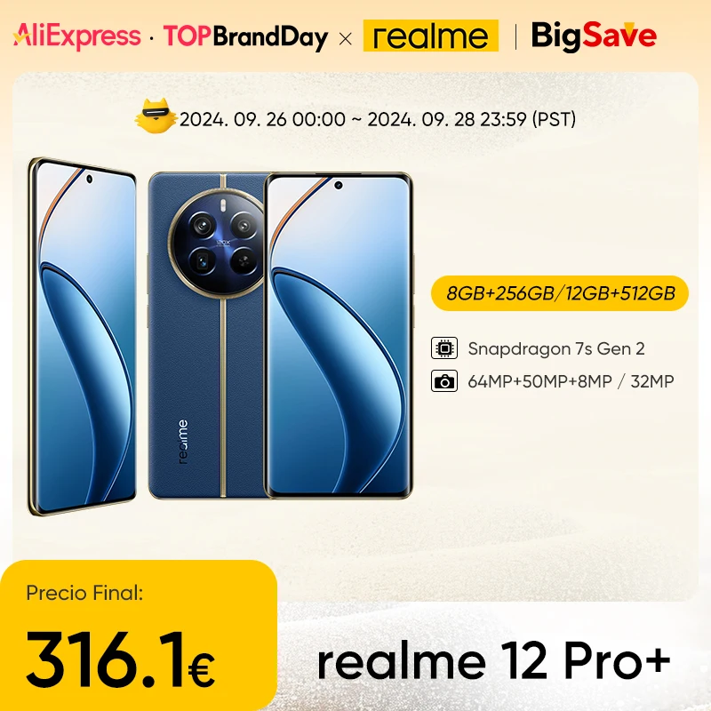 Versão global realme 12 Pro Plus 5G Smartphone 64MP Câmara de retrato com periscópio Snapdragon 7s Gen 2 Ecrã de 120Hz 67W SUPERVOOC