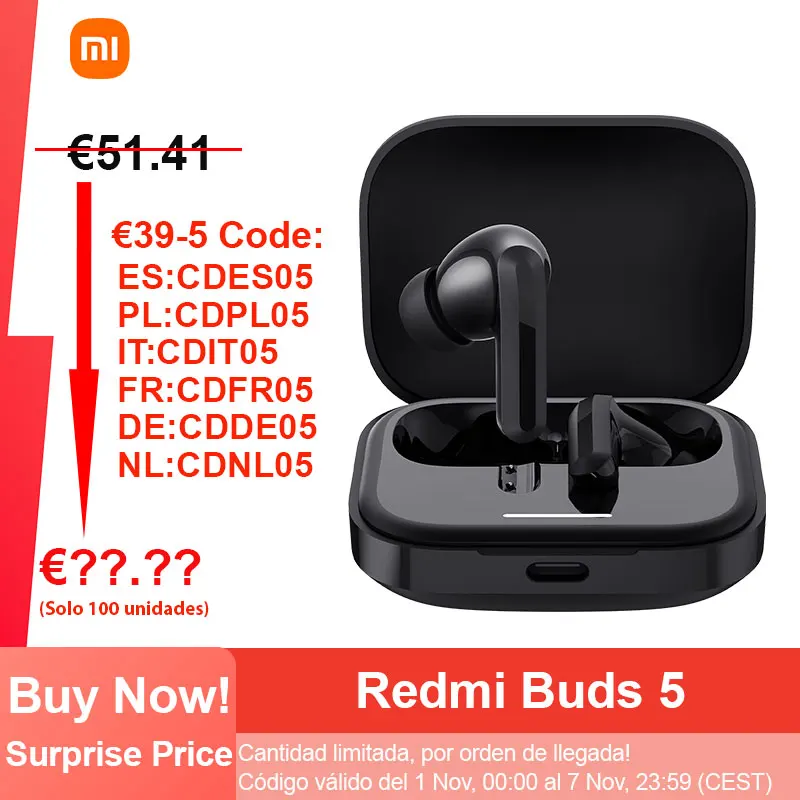 Xiaomi-Redmi Buds 5 Versão Global Fone De Ouvido Bluetooth, Fone De Ouvido Sem Fio BT5.3, Cancelamento De Ruído Ativo, Controle De Toque, Até 46dB