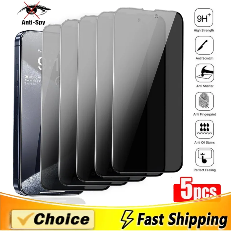 Vidro temperado anti-espião para iPhone, protetores de tela de privacidade, 15, 14, 13, 12, 11 Pro Max, XS, XR, 7, 8 Plus, SE, 5pcs