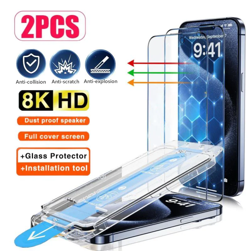 Instalação livre de poeira HD protetor de tela, um clique de vidro protetor para iPhone 14, 13, 12, 11, 15 Pro Max, Mini, X, XR, XS, 2pcs