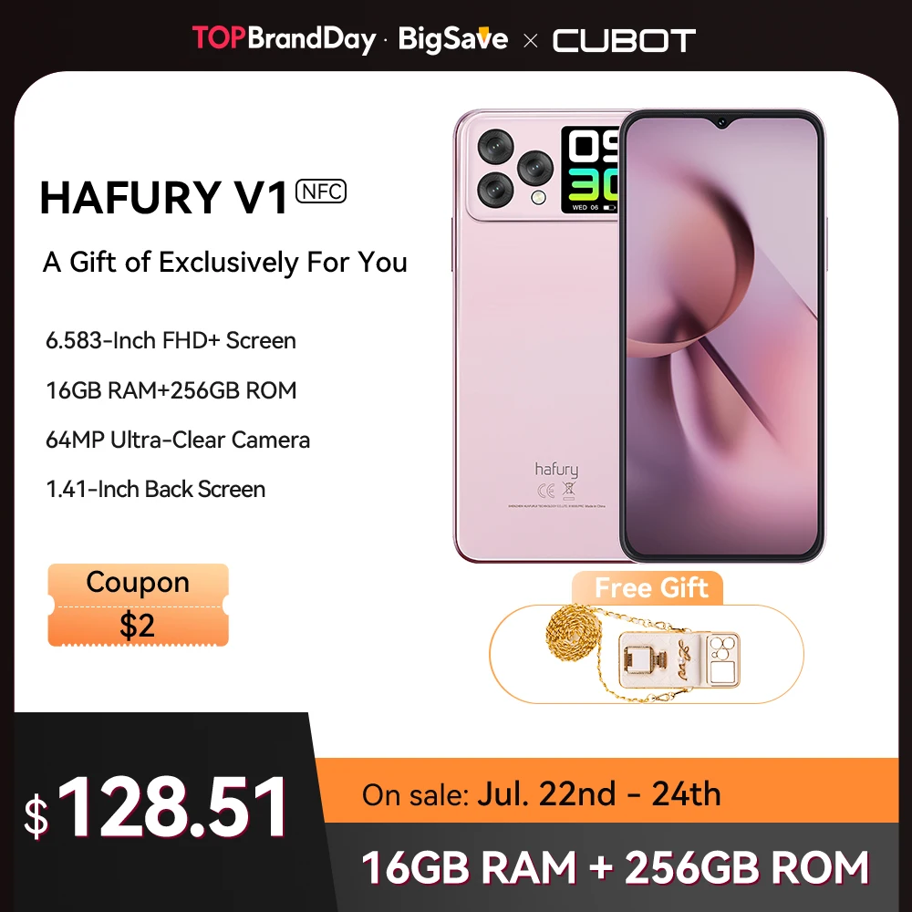 Cubot Hafury V1, smartphone Android, Octa-core, 16 GB de RAM (8 GB + 8 GB estendidos), 256 GB de ROM, tela dupla, câmera de 64 MP, NFC, versão global, Duplo SIM Duplo 4G celular, celulares em promoção, WIFI, OTG