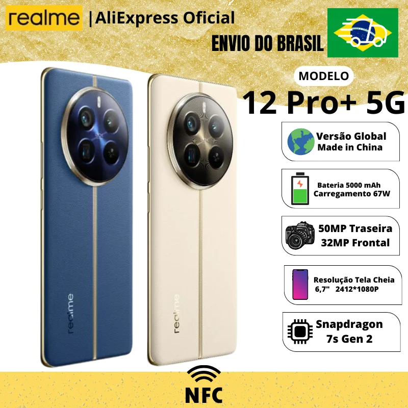 Celular Realme 12 Pro+ 5G 512/12 | Envio do Brasil | Smartphone 5G , ROM Global , Processador Snapdragon 7s Ge , Carregador 67W