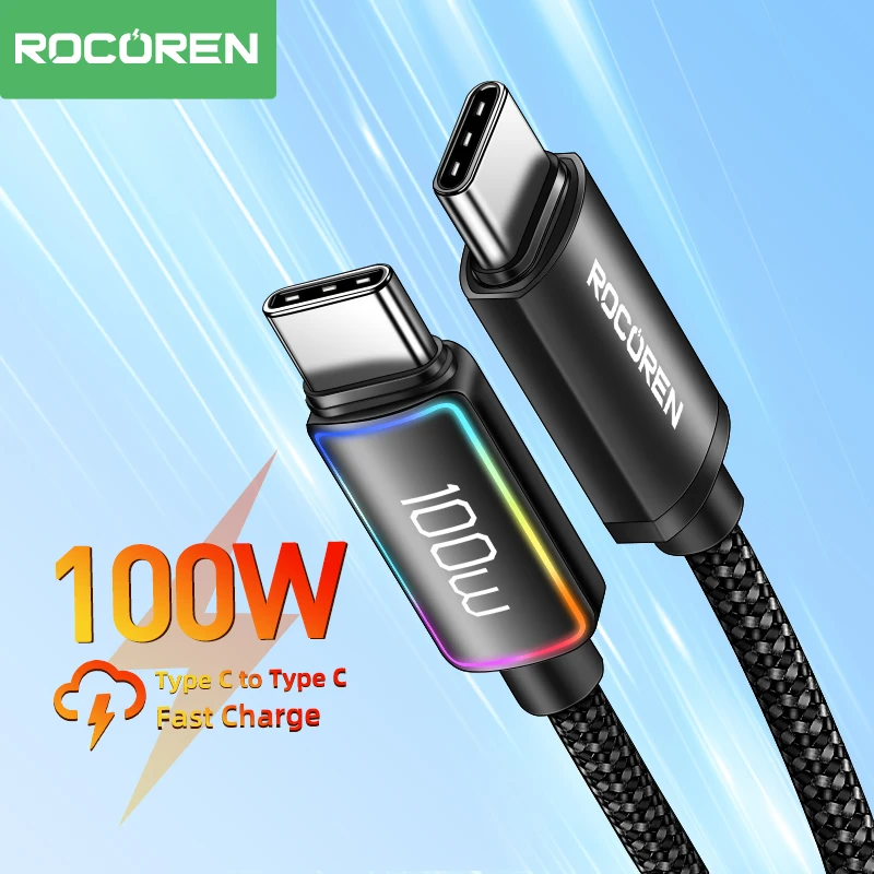 Rocoren-USB C para Tipo C Cabo de Carregamento Rápido, Cabo 5A USB-C, PD 3.1, Alta Potência, Carregamento Rápido para MacBook, iPad, iPhone, 100W