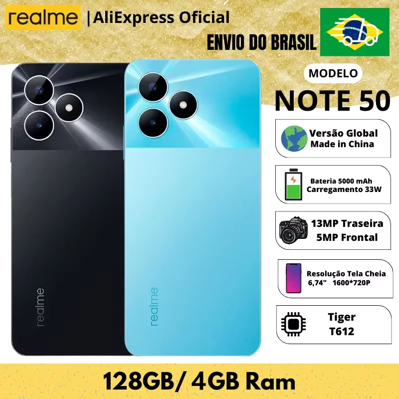 Celular Realme Note 50 128GB ROM / 4GB RAM | Envio do Brasil | Smartphone 4G , ROM Global , Processador Tiger T612