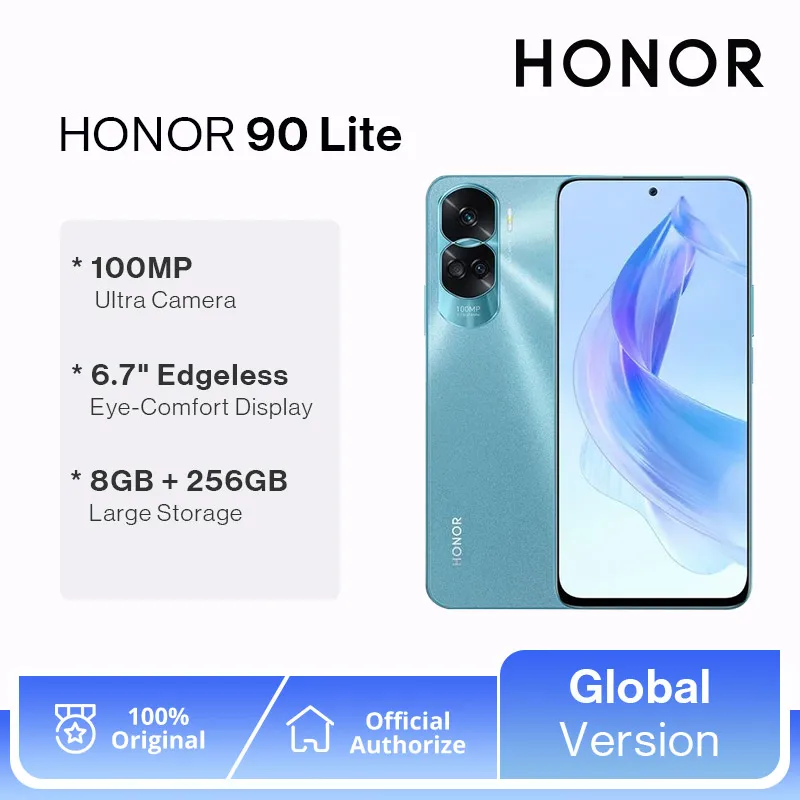 HONOR-90 Lite 5G com Câmera Tripla, 100MP, 8GB RAM, 256GB ROM, 6,7 ”, Tela 90Hz, Bateria 4500mAh, Dual SIM, Android 13