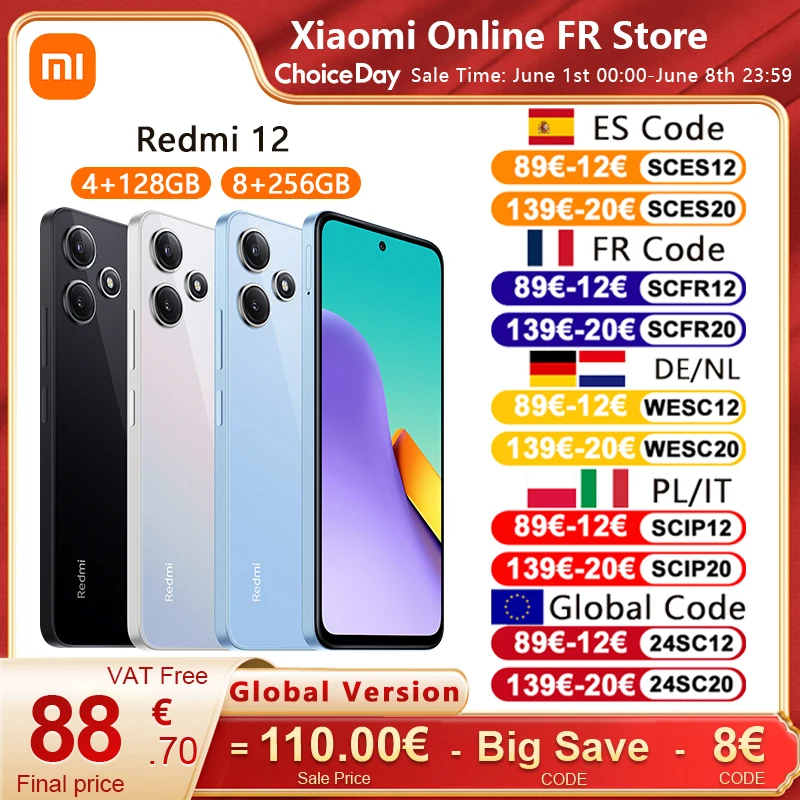 Xiaomi-Celular Redmi 12 4G, Versão Global, MTK Helio G88, Câmera Tripla 50MP AI, Grande Display de Ponto 6.79 