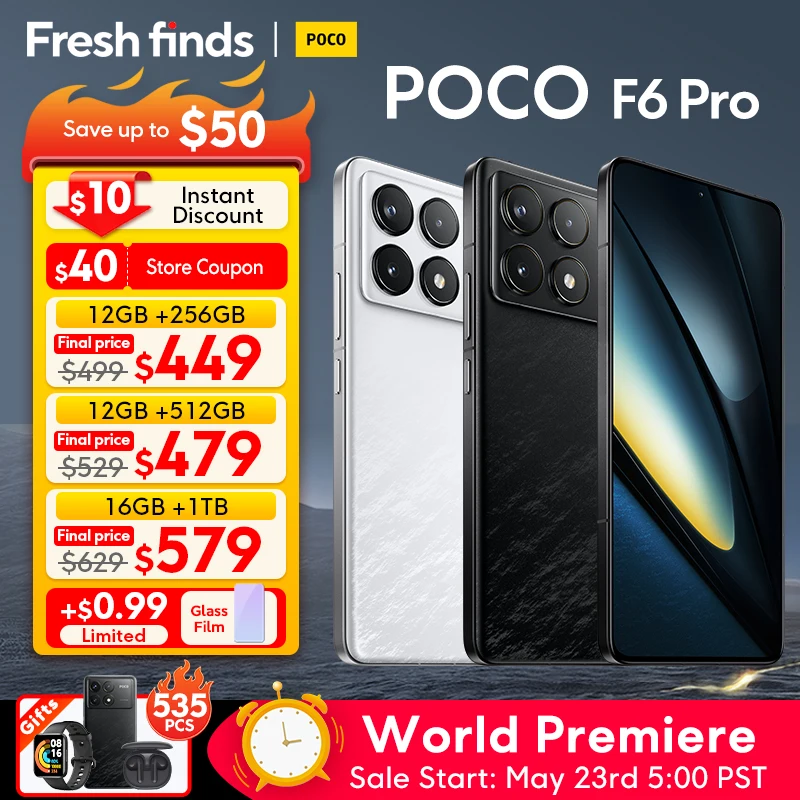 POCO-F6 Pro 5G Smartphone, Versão Global, Snapdragon, Estreia Mundial®Display AMOLED HyperCharge WQHD + Flow NFC, 8 Gen 2, 120W, 120Hz