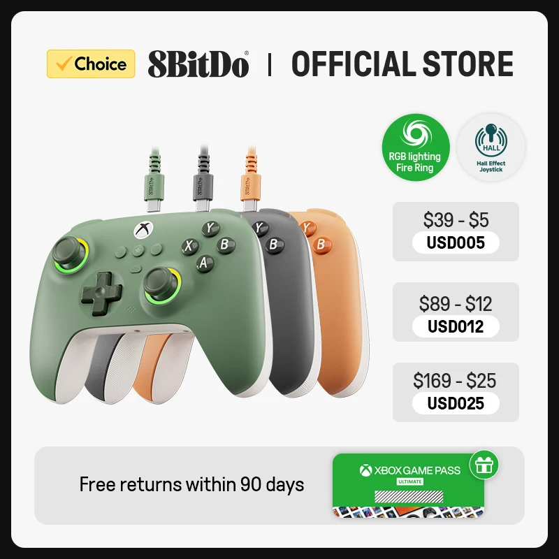 8bitdo final c controlador de jogos com fio para xbox, iluminação rgb, anel de fogo, joysticks efeito salão, janelas 10, 11