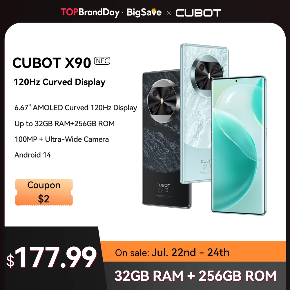 CUBOT X90, Android smartphone, 32GB de RAM (16 GB + 16GB estendidos), 256GB de ROM, tela AMOLED curvada de 120 Hz de 6,67 polegadas, Helio G99, câmera de 100 MP, NFC, 4G celular, Adicionar ao carrinho