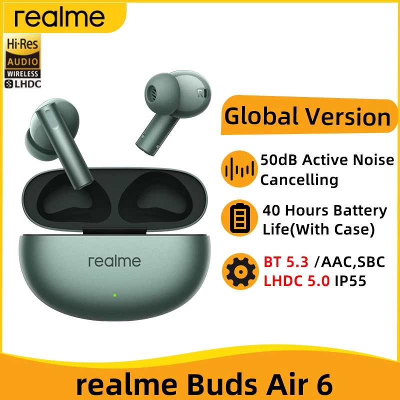 Realme buds-Air 6 Verdadeiro Fone De Ouvido Sem Fio, TWS Fone De Ouvido, 50dB Cancelamento De Ruído Ativo, IP55, Bateria de 40 Horas, Versão Global