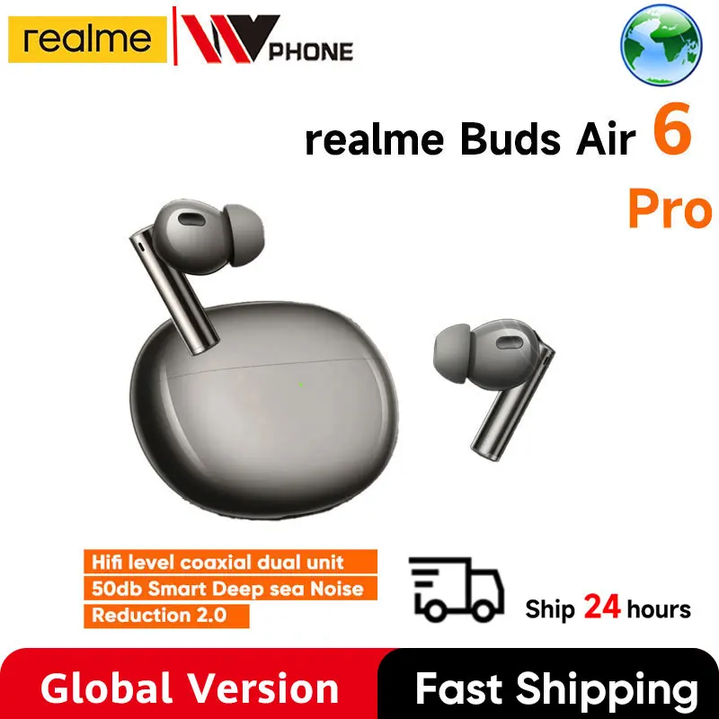 Realme-Buds Air 6 Pro Verdadeiro Fone de Ouvido Sem Fio, Redução de Ruído do Mar Profundo 50dB, Bluetooth 5.3, Auscultadores IP55, Versão Global 2.0