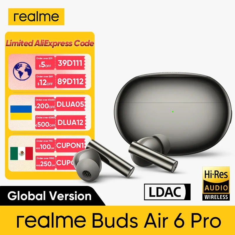 Realme-Buds Air 6 Pro Fone de Ouvido, Bluetooth 5.3, Bateria 20H, Hi-Res, LDAC, 50dB, Redução de Ruído, 2.0, Fone de Ouvido Sem Fio, Versão Global