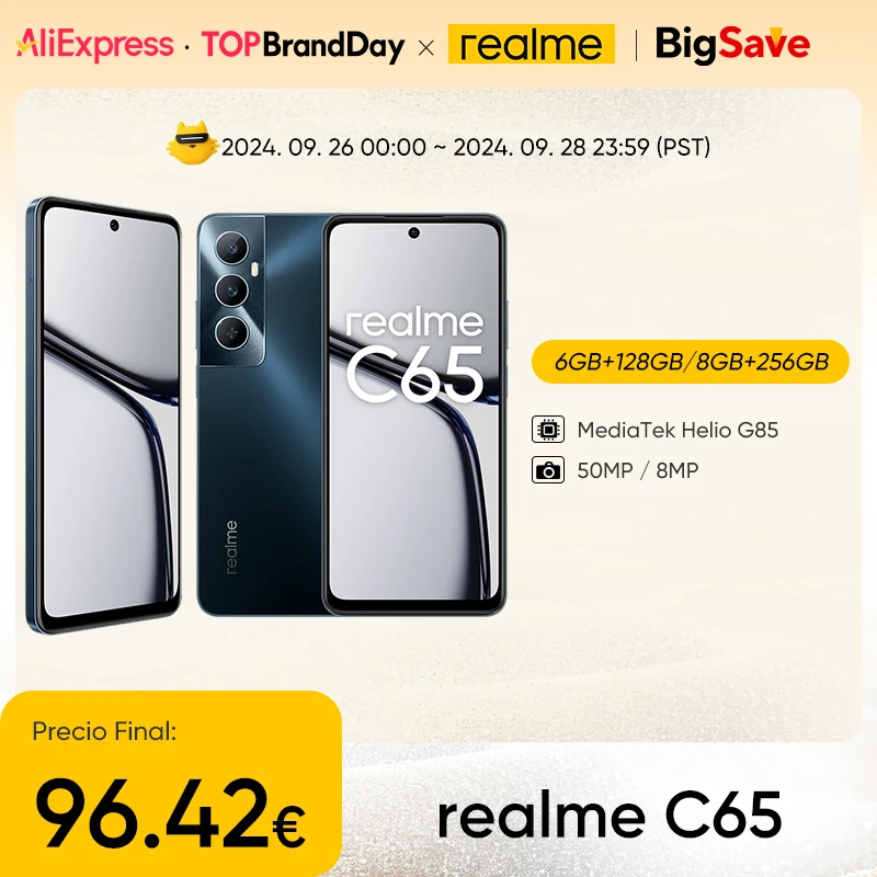 Versão global realme C65 Smartphone 6,67'' Ecrã 45W Carregamento rápido Câmara AI de 50MP Bateria de 5000mAh Telemóvel MediaTek Helio G85