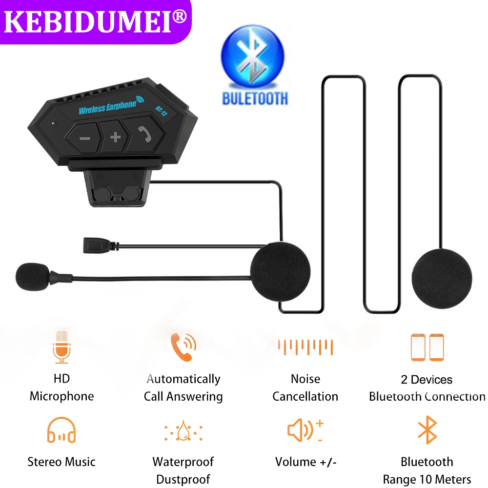 BT12 Bluetooth Motocicleta Capacete Headset, fone de ouvido sem fio Moto, Handsfree Call, impermeável, 500mAh