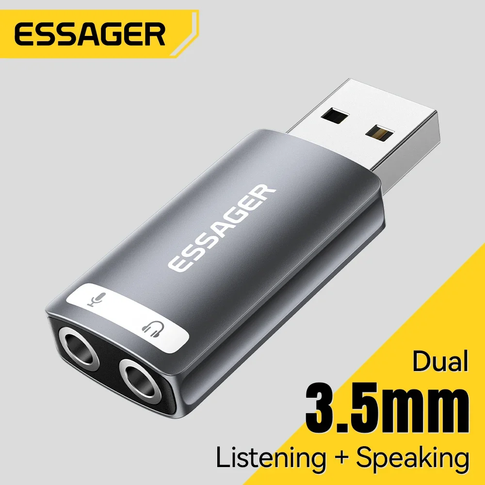 Essager-Placa de som externa USB, 3,5mm, fone de ouvido adaptador, microfone, alto-falante, interface de áudio PS4, laptop, placa de som