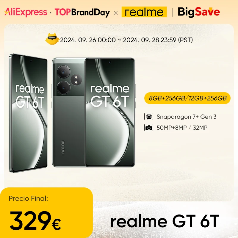 Realme-Smartphone GT 6T 5G, Versão Global, Tela Hiper 6000Nit, Carga SuperVOOC 120W, Snapdragon 7 +, Gen 3, Bateria 5500mAh, 50MP