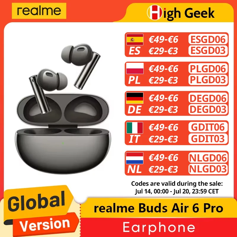 realme Buds Air 6 Pro Versão global Auscultadores sem fios com cancelamento de ruído ativo de 50dB e autonomia de até 40 horas