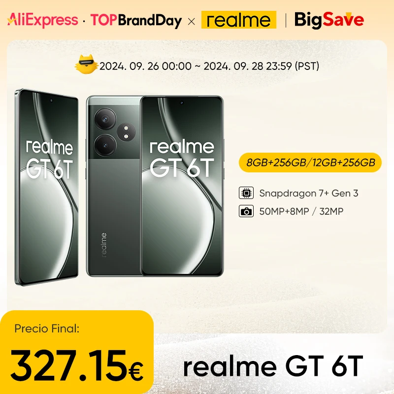 Versão global realme GT 6T 5G Smartphone 6000nit Hyper Display 120W SUPERVOOC Carregamento Snapdragon 7+ Gen 3 5500mAh Bateria 50MP Câmara principal