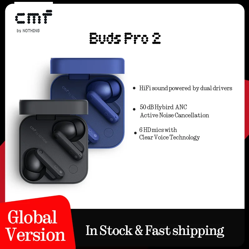 Global Verison CMF da Nothing Buds Pro 2 com cancelamento de ruído ativo híbrido de 50 dB 6 MICS HD IP55 Bluetooth 5.3 Buds Pro2