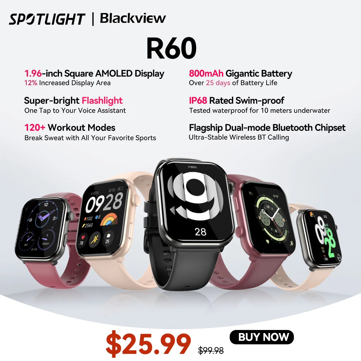 Blackview Bluetooth Smartwatch, Relógio R60, Tela AMOLED de 1,96 