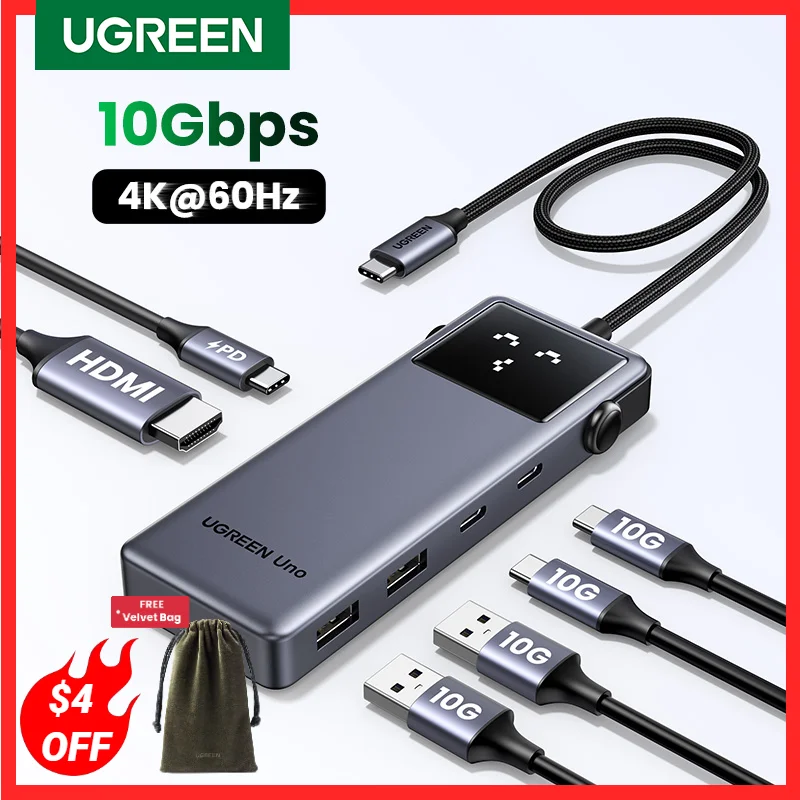 UGREEN Uno USB C HUB 6-em-1 4K60Hz PD100W 10Gbps USB3.2 Adaptador Divisor para Laptop Macbook Pro Air Estação de acoplamento expansor USB