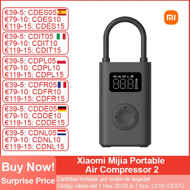 Xiaomi-Mijia Compressor De Ar Elétrico Portátil 2, Bomba Elétrica Scooter, Detecção De Pressão Do Pneu Digital Inteligente, Inflator