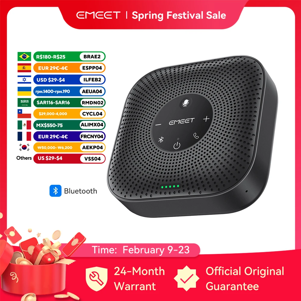 EMEET Speakerphone Conference Speaker 360 ° Voice Pickup Wireless Meeting Microfone Com 4 Microfones Canceladores de Ruído para Escritório/Casa microfone sem fio, microfone ambiente