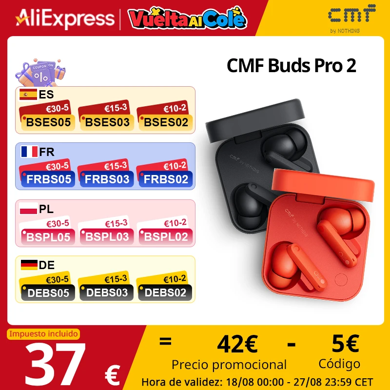 Versão global CMF by Nothing Buds Pro 2 Auscultadores sem fios com cancelamento ativo de ruído híbrido de 50 dB 6 HD MICS IP55 Bluetooth 5.3 CMF Buds Pro 2