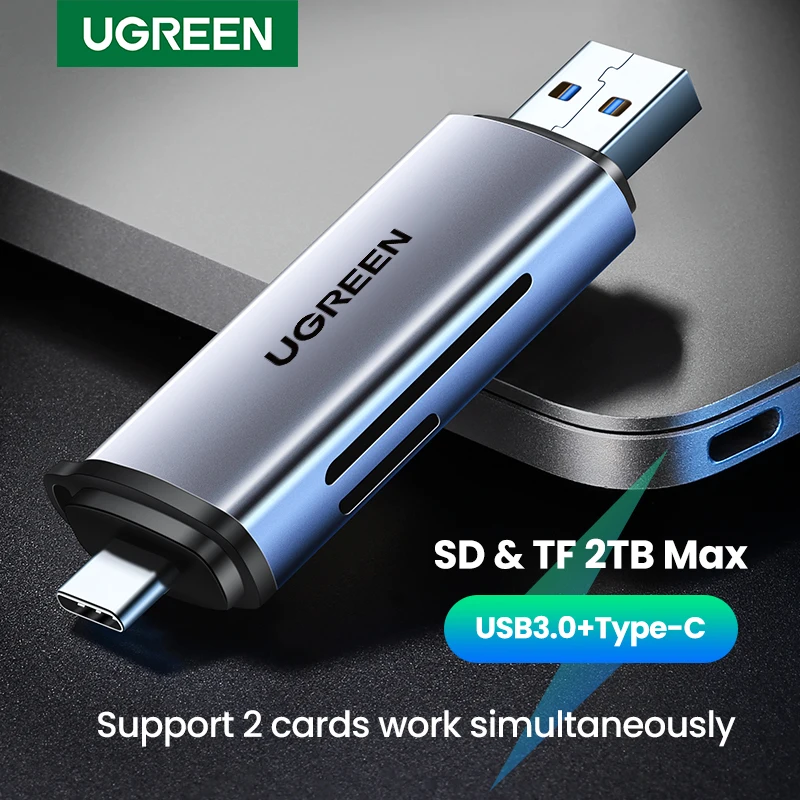 UGREEN-Leitor de cartão de memória inteligente, USB C para SD, MicroSD, TF Thunderbolt 3 para PC, Acessórios para laptop, USB 3.0, Adaptador de cartão SD