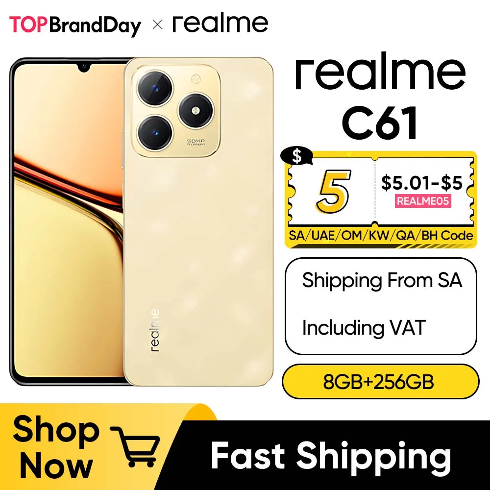 Realme C61 8GB + 256GB Android14 Smartphone 6,74 ''90Hz Display de conforto ocular 50MP AI Câmera 5000mAh Bateria enorme