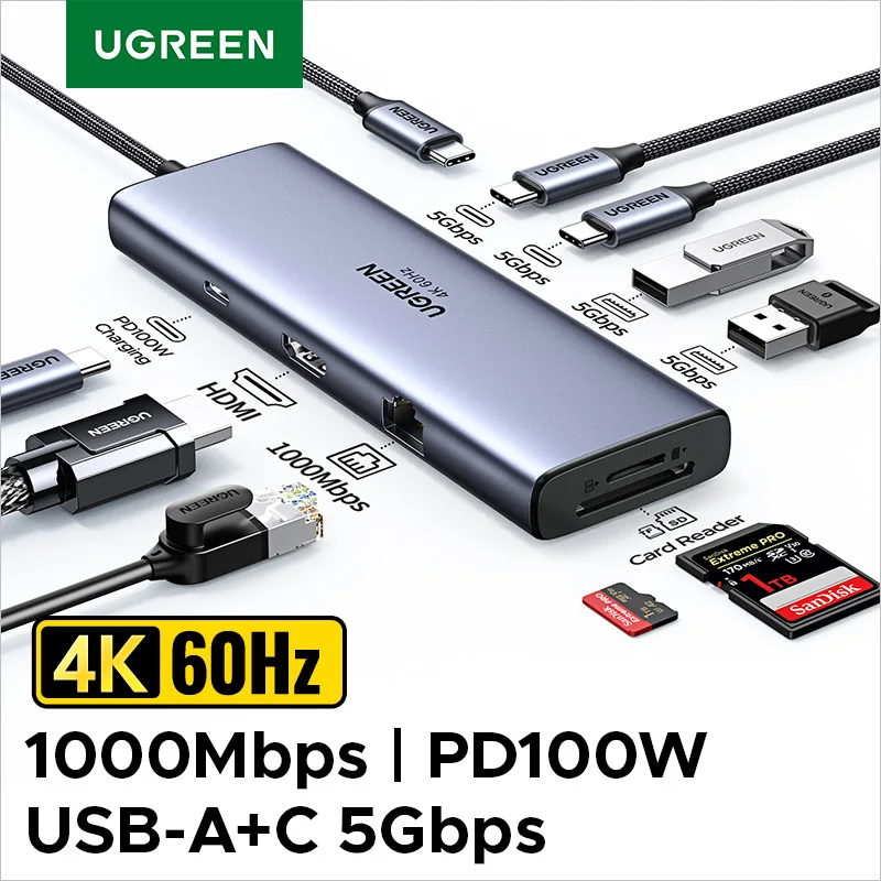 UGREEN USB-C HUB para 4K60Hz HDMI RJ45 Gigabit PD100W SD e TF USB3.0 5Gbps Divisor para MacBook Acessórios para laptop Estação de encaixe