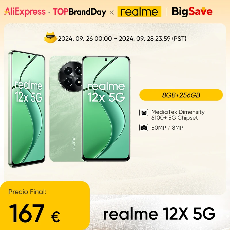 Versão global realme 12X smartphones 5g android 14 MediaTek Dimensity 6100 50MP AI Câmara 5000mAh Bateria 15W Carregamento rápido