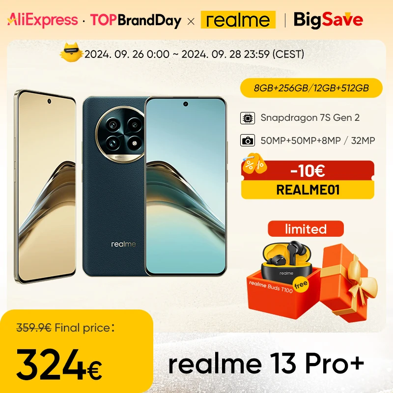 Realme-13 Pro Plus Smartphone 5G, Snapdragon 7S Gen 2, Display Visão Curvo 120Hz, Carga SuperVOOC 80W, Imagem AI, Versão Global