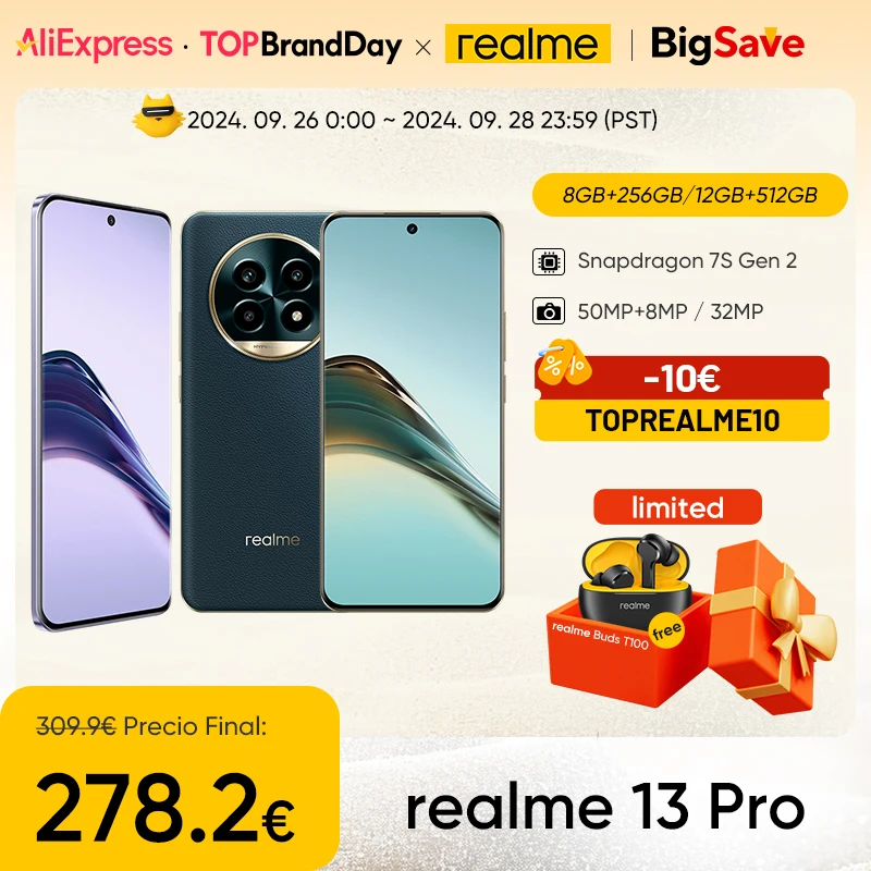 Versão global do smartphone realme 13 Pro 5G Smartphone Sony LYT-600 OIS Câmara Snapdragon 7s Gen 2 120Hz Ecrã de visão curvada Bateria 5200mAh Caraterísticas de imagiologia AI