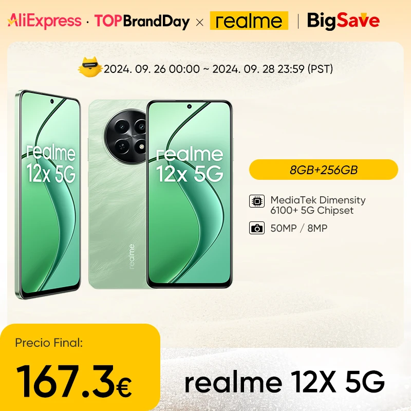 Versão global realme 12X 5G Smartphone 120Hz Ecrã de conforto ocular Câmara AI de 50MP MTK Dimensity 6100+ Bateria 5G 5000mAh(typ)