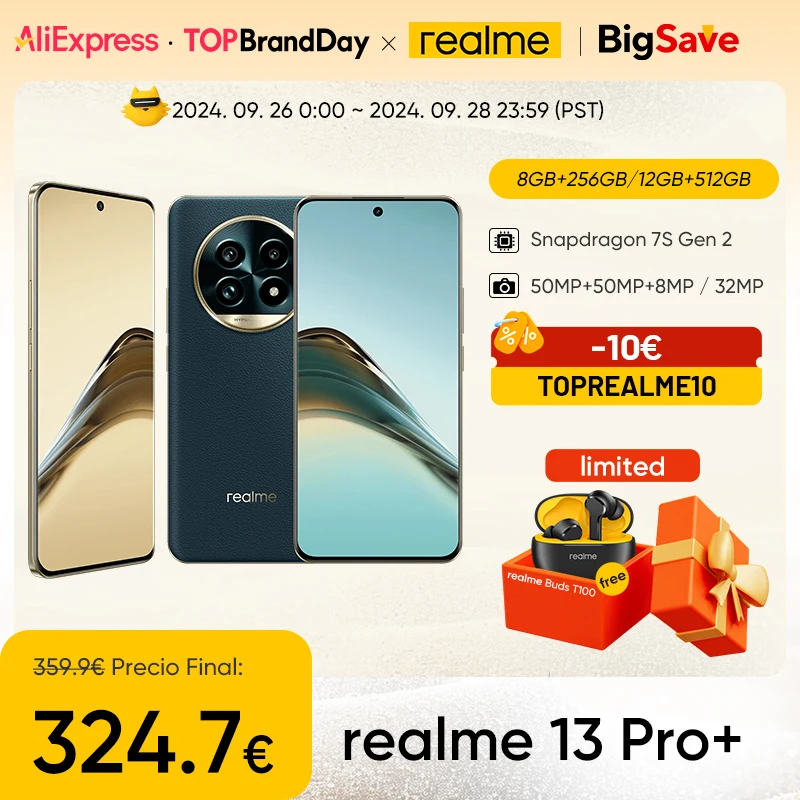 Versão global do smartphone realme 13 Pro Plus 5G Snapdragon 7s Gen 2 Ecrã de visão curvo de 120 Hz Carregamento de 80 W SUPERVOOC AI Imaging