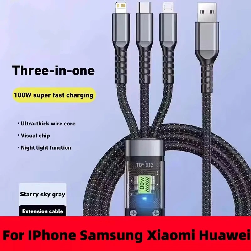 Cabo de dados luminoso 3 in1 cabo de carregamento do telefone móvel 100W carga rápida trança typec dados cabo para iPhone Samsung Xiaomi Huawei