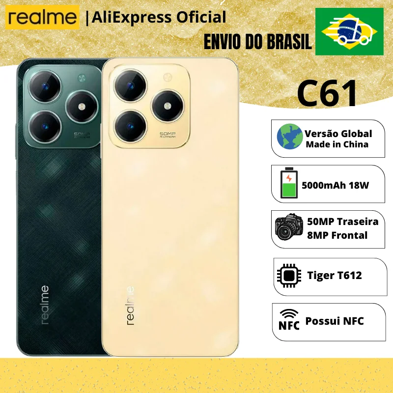 Celular Realme C61 128/6 | Resistente como Aço | Smartphone 4G, ROM Global, Processador Unisoc Tiger T612, Carregador 5000mAh